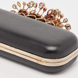 Pre Owned Alexander McQueen Black Leather Crystals Embellished Knuckle Box Clutch