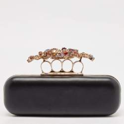 Pre Owned Alexander McQueen Black Leather Crystals Embellished Knuckle Box Clutch