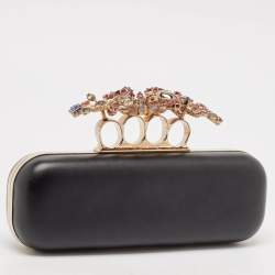 Pre Owned Alexander McQueen Black Leather Crystals Embellished Knuckle Box Clutch