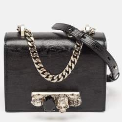 Alexander McQueen Black Lizard Embossed Leather Knuckle Flap Shoulder Bag
