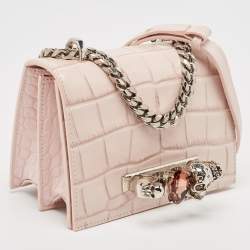 Alexander McQueen Pink Croc Embossed Leather Knuckle Flap Shoulder Bag