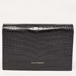 Alexander McQueen Black Croc Embossed Leather Small Skull Shoulder Bag