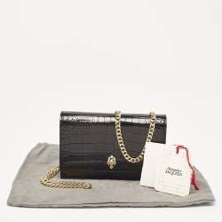 Alexander McQueen Black Croc Embossed Leather Small Skull Shoulder Bag