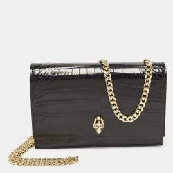 Alexander McQueen Black Croc Embossed Leather Small Skull Shoulder Bag