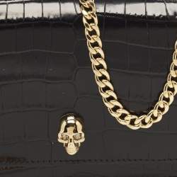 Alexander McQueen Black Croc Embossed Leather Small Skull Shoulder Bag