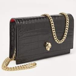 Alexander McQueen Black Croc Embossed Leather Small Skull Shoulder Bag
