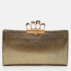 Pre Owned Alexander McQueen Gold Leather Crystal Skull Knuckle Clutch