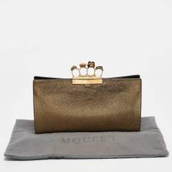 Pre Owned Alexander McQueen Gold Leather Crystal Skull Knuckle Clutch
