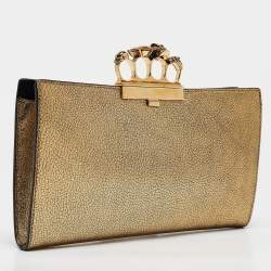 Pre Owned Alexander McQueen Gold Leather Crystal Skull Knuckle Clutch