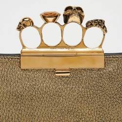 Pre Owned Alexander McQueen Gold Leather Crystal Skull Knuckle Clutch