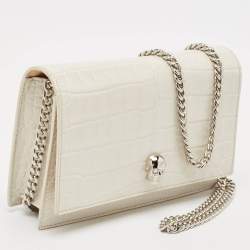 Pre Owned Alexander McQueen White Croc Embossed Leather Small Skull Shoulder Bag