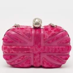 Pre Owned Alexander McQueen Fuchsia Calf Hair Britannia Skull Box Chain Clutch