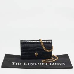 Pre Owned Alexander McQueen Black Croc Embossed Leather Skull Chain Clutch