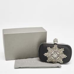 Alexander McQueen Black Satin Crystals Embellished Skull Clutch