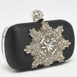 Alexander McQueen Black Satin Crystals Embellished Skull Clutch