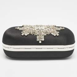 Alexander McQueen Black Satin Crystals Embellished Skull Clutch