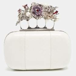 Alexander McQueen White Snakeskin Floral Embellished Knuckle Clutch