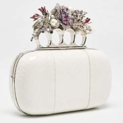 Alexander McQueen White Snakeskin Floral Embellished Knuckle Clutch