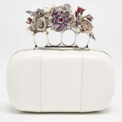 Alexander McQueen White Snakeskin Floral Embellished Knuckle Clutch