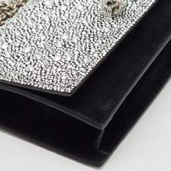 Alexander McQueen Black Suede Crystal Embellished Skull Flap Chain Clutch
