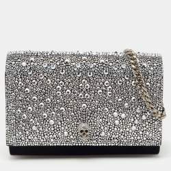 Alexander McQueen Black Suede Crystal Embellished Skull Flap Chain Clutch