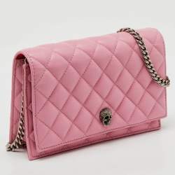 Alexander McQueen Pink Quilted Leather Skull Flap Chain Clutch