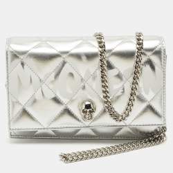 Alexander McQueen Silver Quilted Leather Small Skull Chain Bag 