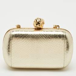 Alexander McQueen Gold Snakeskin Embossed Leather Skull Box Clutch Bag
