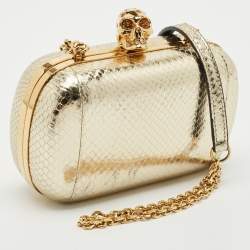 Alexander McQueen Gold Snakeskin Embossed Leather Skull Box Clutch Bag