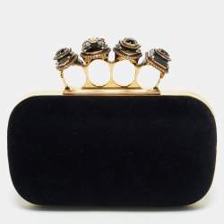 Alexander McQueen Black Velvet Four Ring Embellished Box Clutch