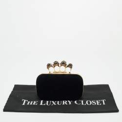 Alexander McQueen Black Velvet Four Ring Embellished Box Clutch