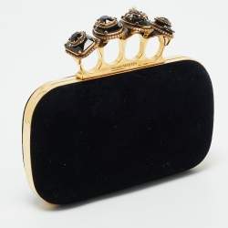Alexander McQueen Black Velvet Four Ring Embellished Box Clutch