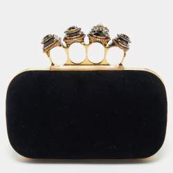 Alexander McQueen Black Velvet Four Ring Embellished Box Clutch