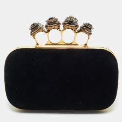 Alexander McQueen Black Velvet Four Ring Embellished Box Clutch