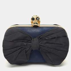 Alexander McQueen Navy Blue Leather Bow Skull Box Clutch