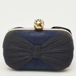 Alexander McQueen Navy Blue Leather Bow Skull Box Clutch