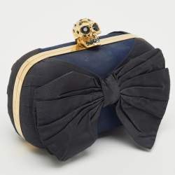 Alexander McQueen Navy Blue Leather Bow Skull Box Clutch