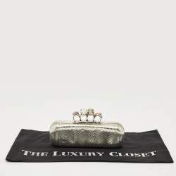 Pre Owned Alexander McQueen Silver Snakeskin Skull Crystals Knuckle Box Clutch