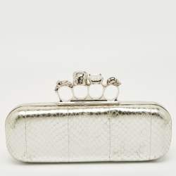 Pre Owned Alexander McQueen Silver Snakeskin Skull Crystals Knuckle Box Clutch