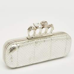 Pre Owned Alexander McQueen Silver Snakeskin Skull Crystals Knuckle Box Clutch