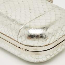 Pre Owned Alexander McQueen Silver Snakeskin Skull Crystals Knuckle Box Clutch