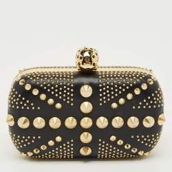 Pre Owned Alexander McQueen Black Leather Studded Brittania Skull Box Clutch