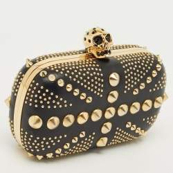 Pre Owned Alexander McQueen Black Leather Studded Brittania Skull Box Clutch