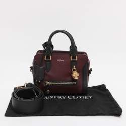 Pre Owned Alexander McQueen Burgundy/Black Pebbled Leather Mini Skull Padlock Zip Tote