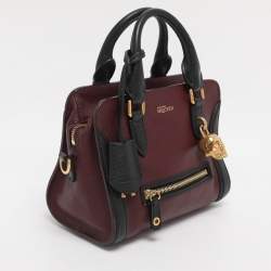 Pre Owned Alexander McQueen Burgundy/Black Pebbled Leather Mini Skull Padlock Zip Tote