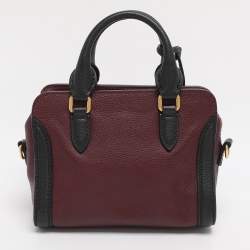 Pre Owned Alexander McQueen Burgundy/Black Pebbled Leather Mini Skull Padlock Zip Tote