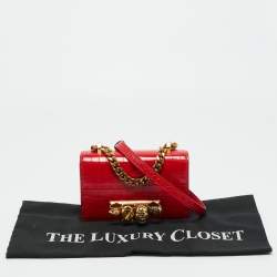 Pre Owned Alexander McQueen Red Croc Embossed Leather Jewelled Shoulder Bag