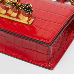 Pre Owned Alexander McQueen Red Croc Embossed Leather Jewelled Shoulder Bag