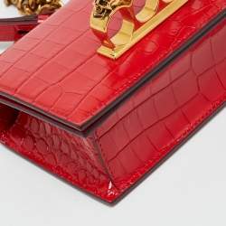 Pre Owned Alexander McQueen Red Croc Embossed Leather Jewelled Shoulder Bag