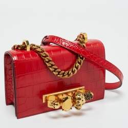 Pre Owned Alexander McQueen Red Croc Embossed Leather Jewelled Shoulder Bag